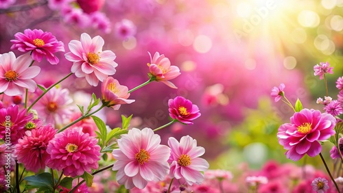 A vibrant field of pink and white blossoms bathed in warm sunlight, creating a breathtaking tapestry of color and delicate petals.
