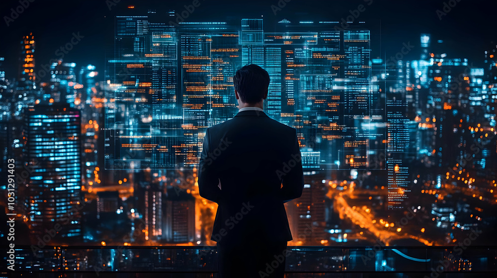A man in a suit gazes at a futuristic cityscape at night. A man in a suit gazes at a futuristic cityscape at night.