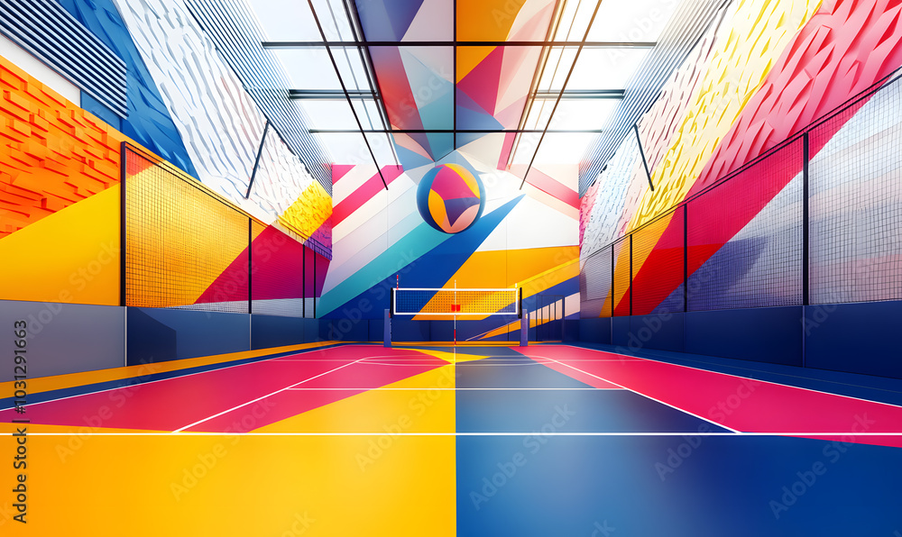 Fototapeta premium Dynamic Volleyball Action with Neon Lights and Abstract Geometric Patterns for Futuristic Sports Branding