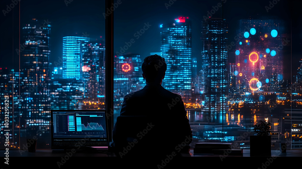 A person gazing at a vibrant city skyline from an office. A person gazing at a vibrant city skyline from an office.