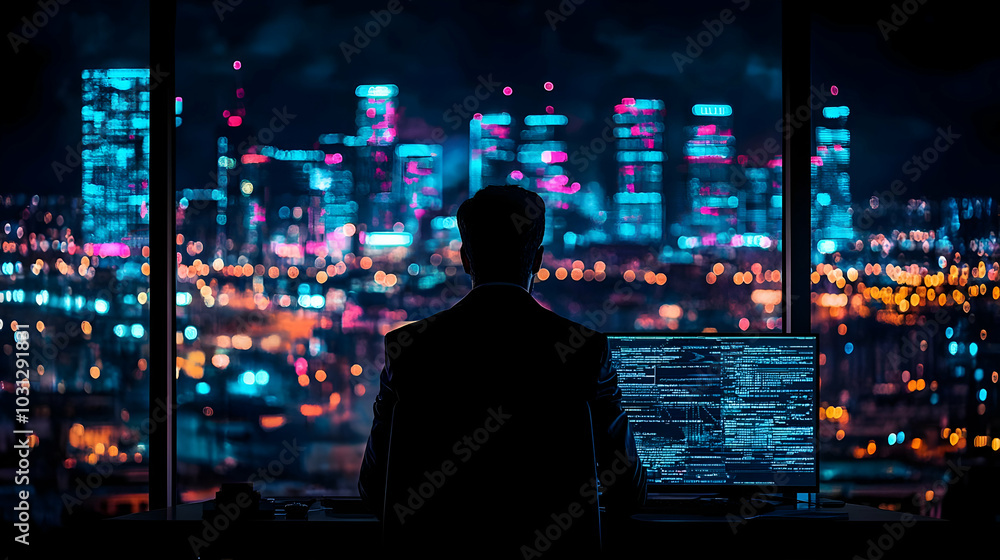 Person in suit working at a computer with a city skyline backdrop. Person in suit working at a computer with a city skyline backdrop.
