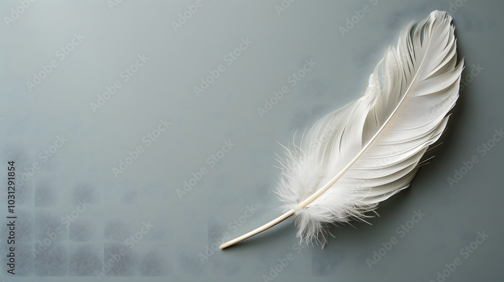 Obraz premium Single white feather on grey background. Minimalist natural object with copy space. Softness and elegance concept. Design for poster, banner, marketing material, texture.
