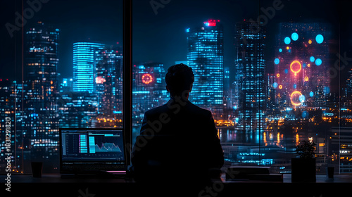 Wallpaper Mural A person gazing at a vibrant city skyline from an office. Torontodigital.ca