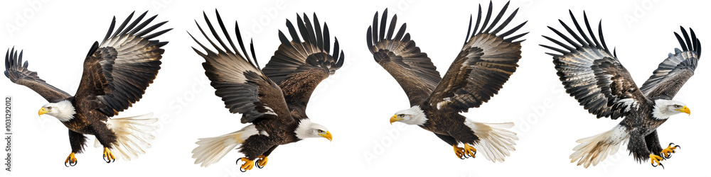 Obraz premium Bald eagle in flight, isolated on a white background.