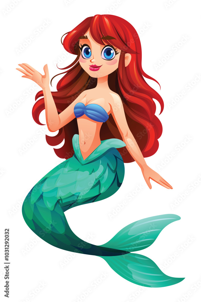 Beautiful mermaid waving hand in a cheerful pose. Vector cartoon character illustration Beautiful mermaid waving hand in a cheerful pose. Vector cartoon character illustration