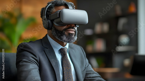 Man in a suit using virtual...