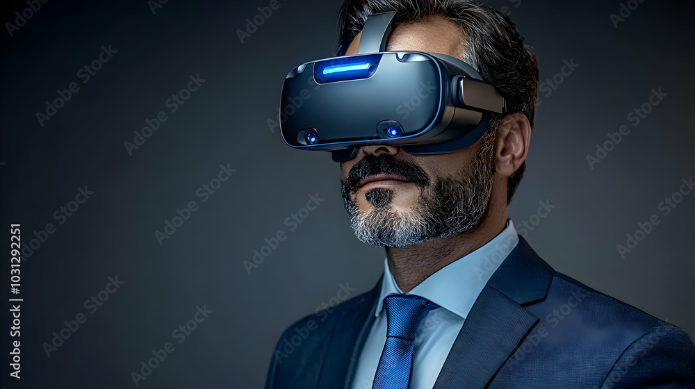 A man in a suit wearing a virtual reality headset. A man in a suit wearing a virtual reality headset.