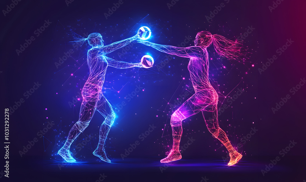 Fototapeta premium Dynamic Volleyball Action with Neon Lights and Abstract Geometric Patterns for Futuristic Sports Branding