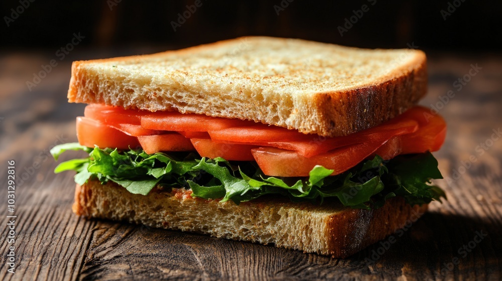 A simple sandwich with tomato and lettuce on toasted bread. A simple sandwich with tomato and lettuce on toasted bread.