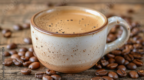 Speckled ceramic coffee cup surrounded by roasted coffee beans..