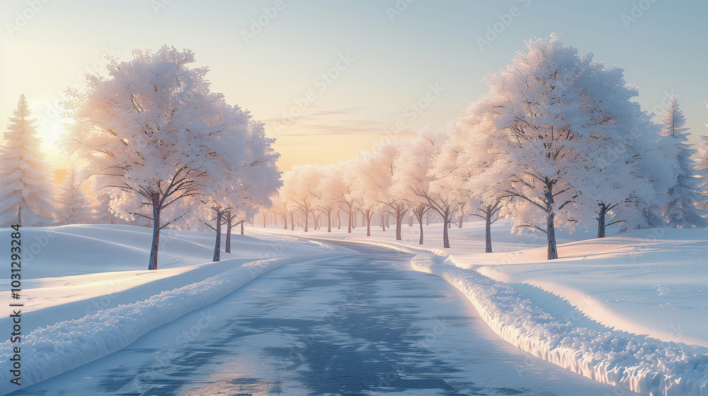Peaceful Snowy Landscape with Frost-Covered Trees at Sunrise.. Peaceful Snowy Landscape with Frost-Covered Trees at Sunrise..