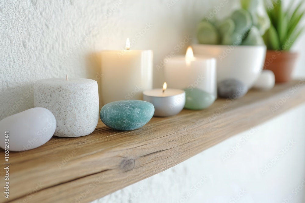 Crystal stones and candles on a wooden shelf in a home spa, creating a tranquil atmosphere Crystal stones and candles on a wooden shelf in a home spa, creating a tranquil atmosphere