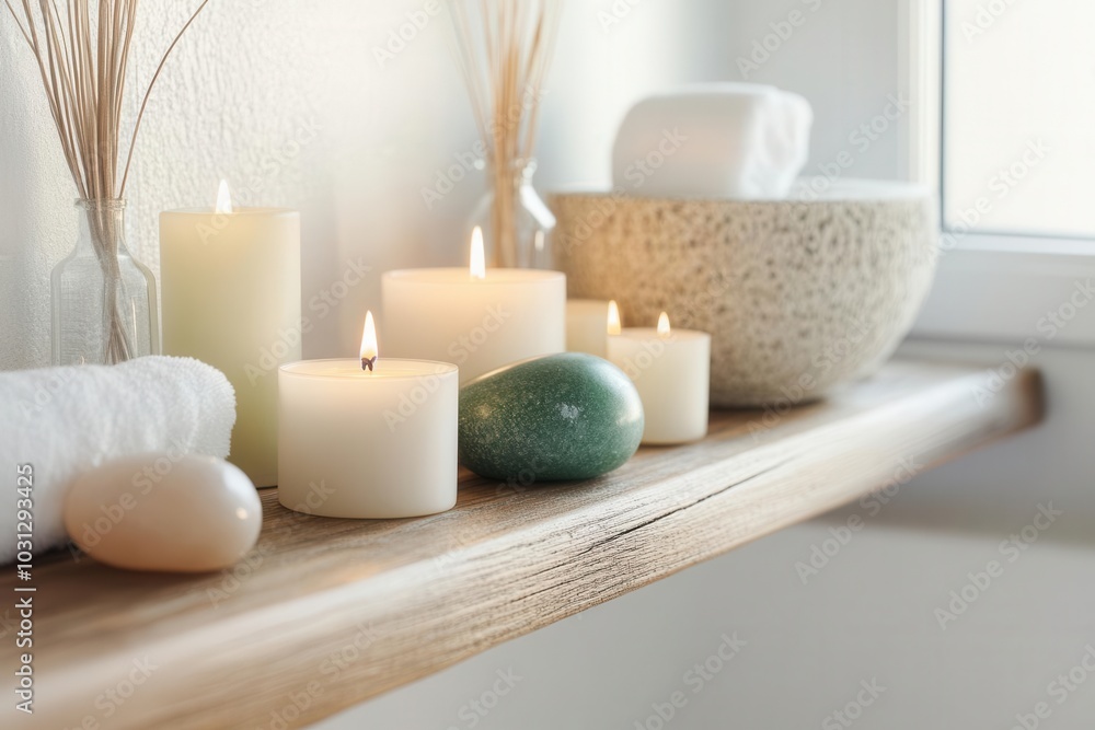Crystal stones and candles on a wooden shelf in a home spa, creating a tranquil atmosphere Crystal stones and candles on a wooden shelf in a home spa, creating a tranquil atmosphere