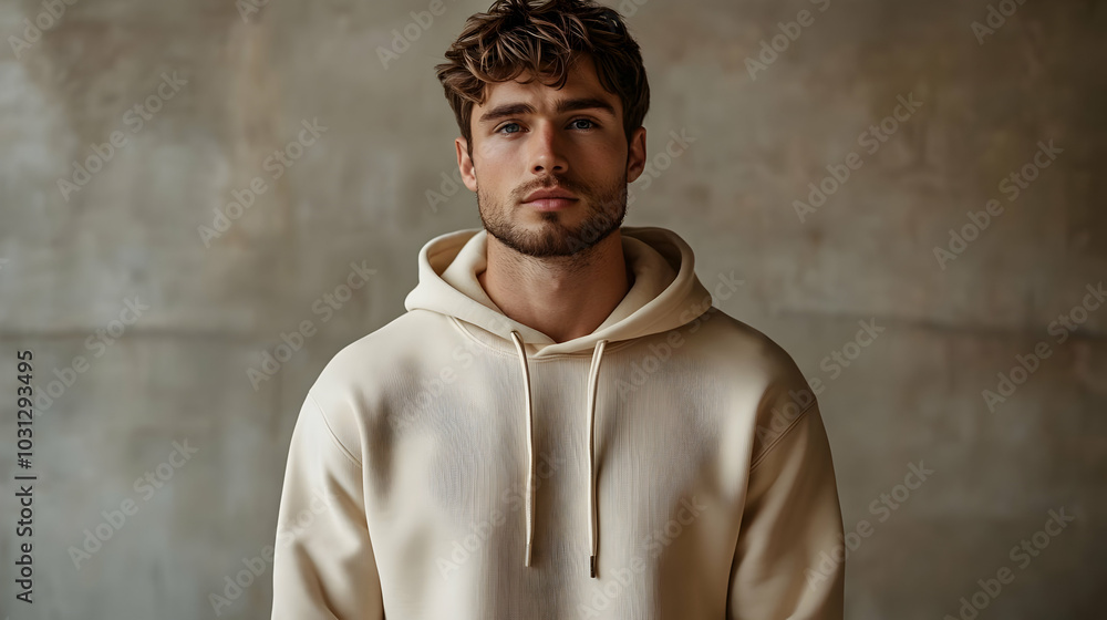 A young man in a beige hoodie poses against a textured background. A young man in a beige hoodie poses against a textured background.
