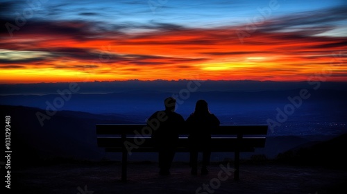 A couple silhouetted against a stunning sunrise, enjoying the view from a park bench.