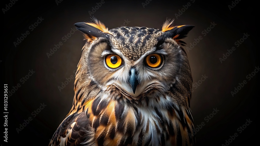 A Close-Up Portrait of an Owl with Striking Yellow Eyes, Set Against a Dark Background, Emphasizing the Bird's Intricate Feather Patterns and Sharp Gaze A Close-Up Portrait of an Owl with Striking Yellow Eyes, Set Against a Dark Background, Emphasizing the Bird's Intricate Feather Patterns and Sharp Gaze
