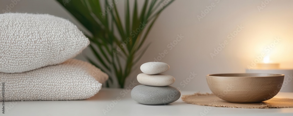Soft lighting illuminating a zen corner with stacked stones and a meditation bowl Soft lighting illuminating a zen corner with stacked stones and a meditation bowl