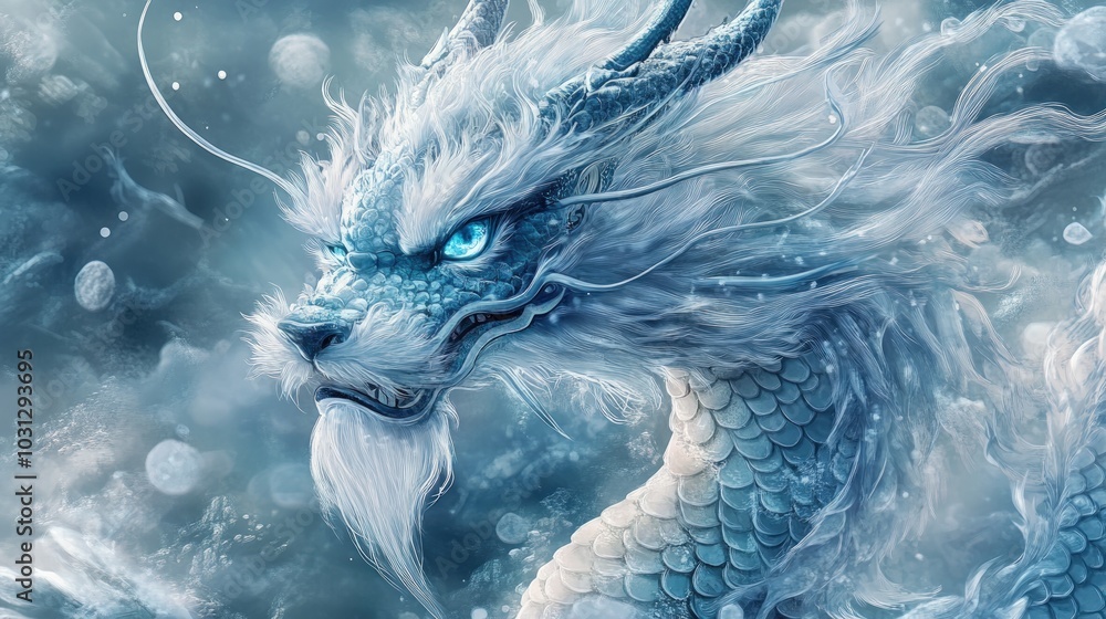 Obraz premium Close-up of a majestic white dragon with blue eyes and scales, set against a swirling blue and white background.
