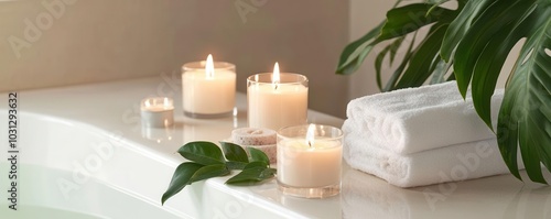 Serene bathtub scene with floating candles, bath salts, and leafy plants for a luxurious retreat