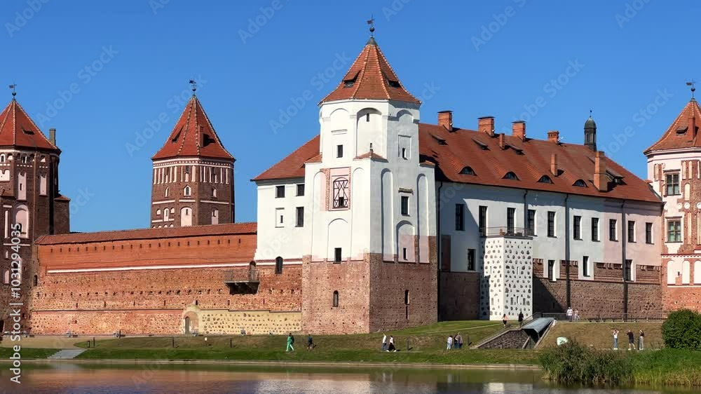 Mir Castle complex. The Architectural Ensemble Of Feudalism, An Ancient Cultural Monument, A UNESCO World Heritage Site. Under the Blue Sky, Mir Castle of the XVI-XX centuries. Belarusian Gothic. 4К Mir Castle complex. The Architectural Ensemble Of Feudalism, An Ancient Cultural Monument, A UNESCO World Heritage Site. Under the Blue Sky, Mir Castle of the XVI-XX centuries. Belarusian Gothic. 4К