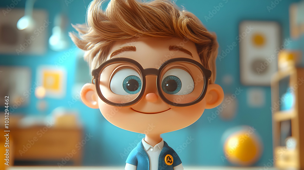 A cheerful animated boy with glasses in a colorful room. A cheerful animated boy with glasses in a colorful room.