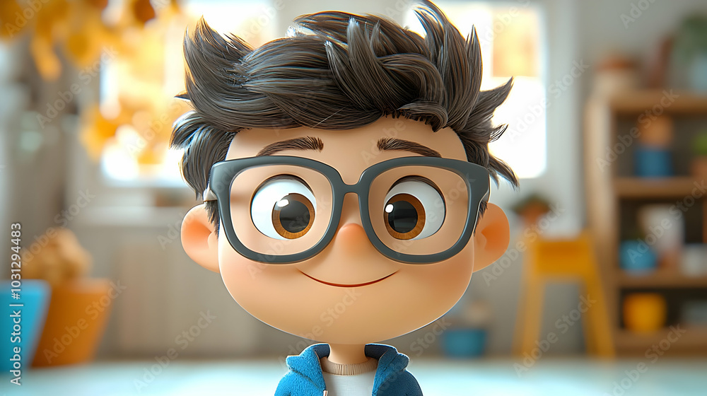 A cheerful animated boy with glasses in a cozy indoor setting. A cheerful animated boy with glasses in a cozy indoor setting.
