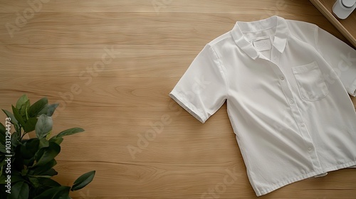 Casual White Shirt on Wooden Surface with Green Plant