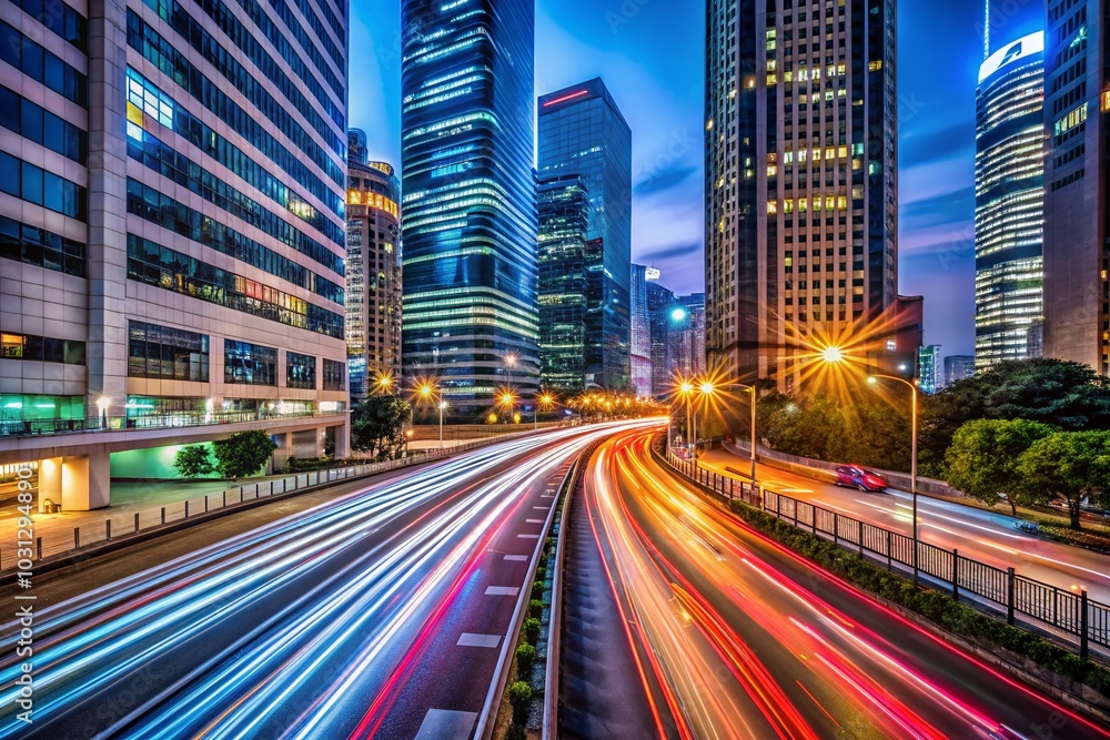 Car Light Trails Against Modern City Buildings - Long Exposure Night Photography Car Light Trails Against Modern City Buildings - Long Exposure Night Photography