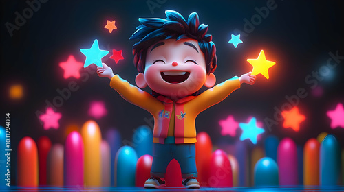 A joyful child holding colo...