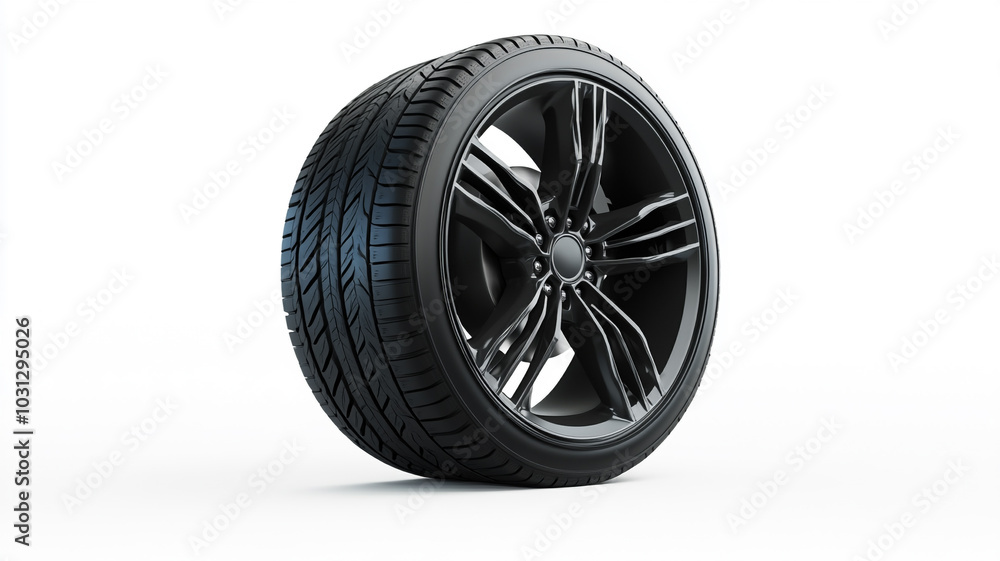 Black alloy wheel with sporty tire displayed against a white background Black alloy wheel with sporty tire displayed against a white background