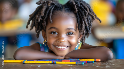 A joyful child with braided...
