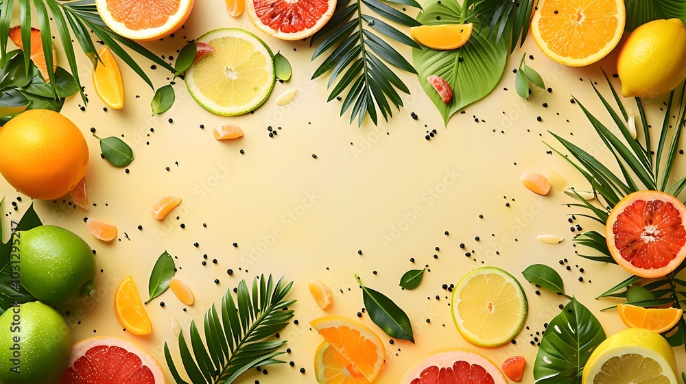 Citrus fruits with green palm leaves on yellow background. Flat lay composition with copy space. Summer & tropical fruit concept. Design for poster, banner, invitation, background, marketing material Citrus fruits with green palm leaves on yellow background. Flat lay composition with copy space. Summer & tropical fruit concept. Design for poster, banner, invitation, background, marketing material