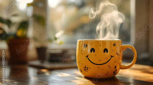 A cheerful yellow mug with ...