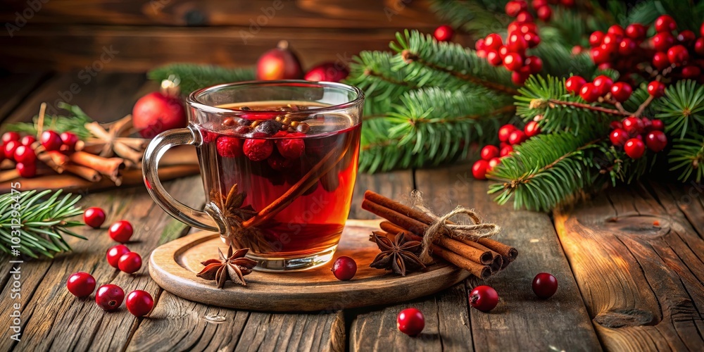 A Festive Glass of Warmth with Cinnamon Sticks, Star Anise, and Berries on a Rustic Wooden Table A Festive Glass of Warmth with Cinnamon Sticks, Star Anise, and Berries on a Rustic Wooden Table
