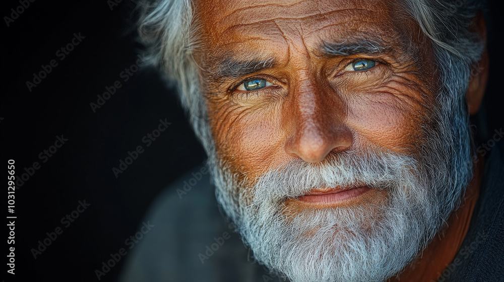 Close-up portrait of a senior man with a long white beard and piercing blue eyes. Close-up portrait of a senior man with a long white beard and piercing blue eyes.