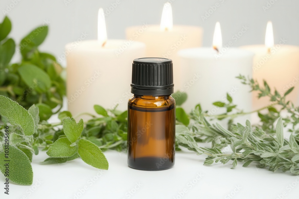 Soft-focus image of an essential oil bottle surrounded by fresh herbs and candles, evoking calmness and rejuvenation Soft-focus image of an essential oil bottle surrounded by fresh herbs and candles, evoking calmness and rejuvenation