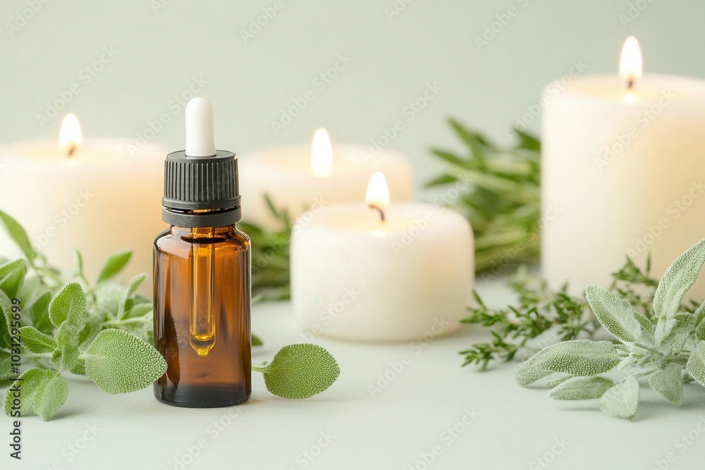 Soft-focus image of an essential oil bottle surrounded by fresh herbs and candles, evoking calmness and rejuvenation Soft-focus image of an essential oil bottle surrounded by fresh herbs and candles, evoking calmness and rejuvenation