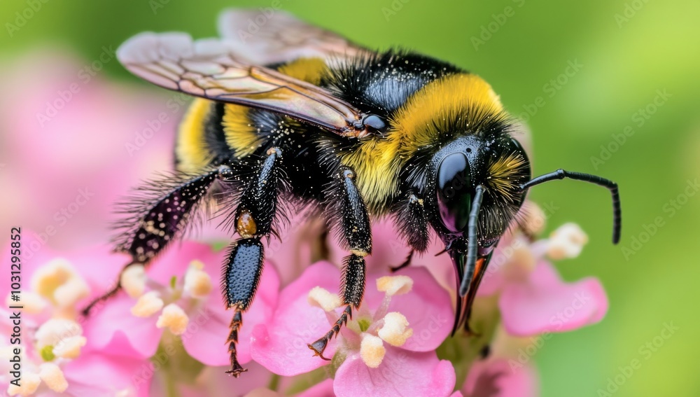 A close-up of a bumblebee pollinating a pink flower. A close-up of a bumblebee pollinating a pink flower.