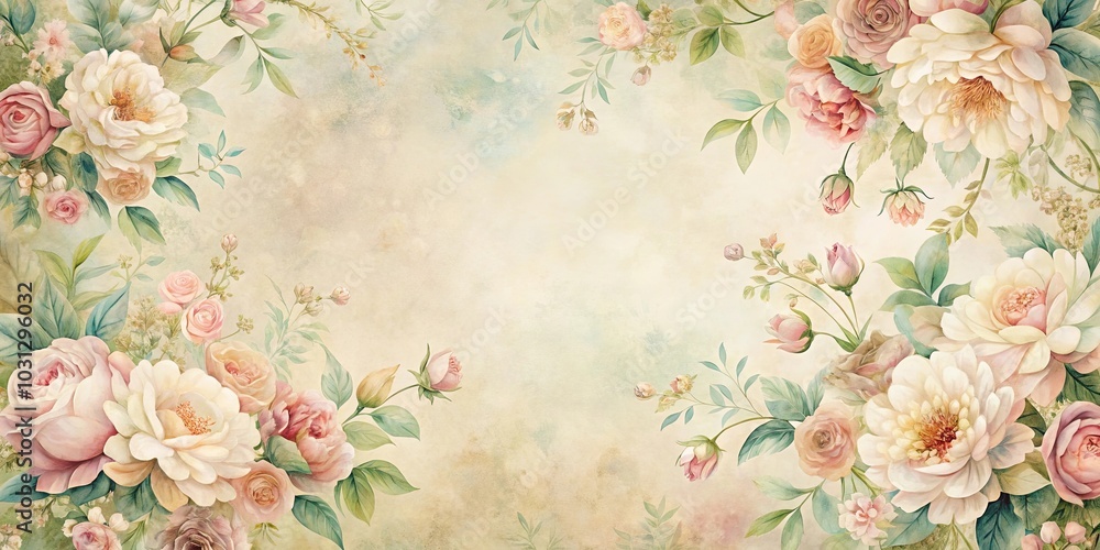 Obraz premium A delicate floral border of pastel roses and verdant foliage on a textured background.