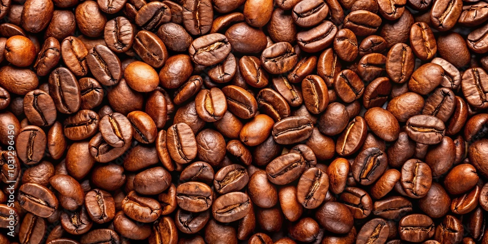 Naklejka premium A symphony of roasted coffee beans, their rich brown hues and intricate textures composing a mesmerizing tapestry of aroma and flavor.