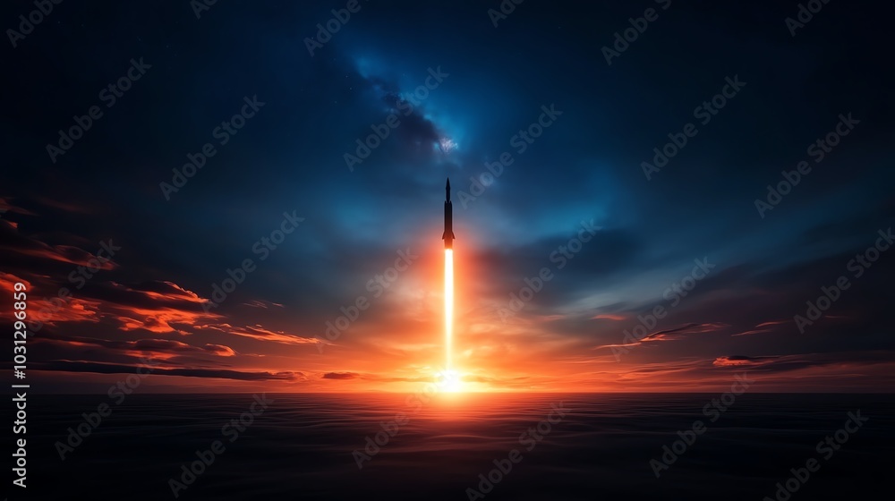 Obraz premium Rocket launching into the sky against a vibrant sunset backdrop, dramatic clouds.