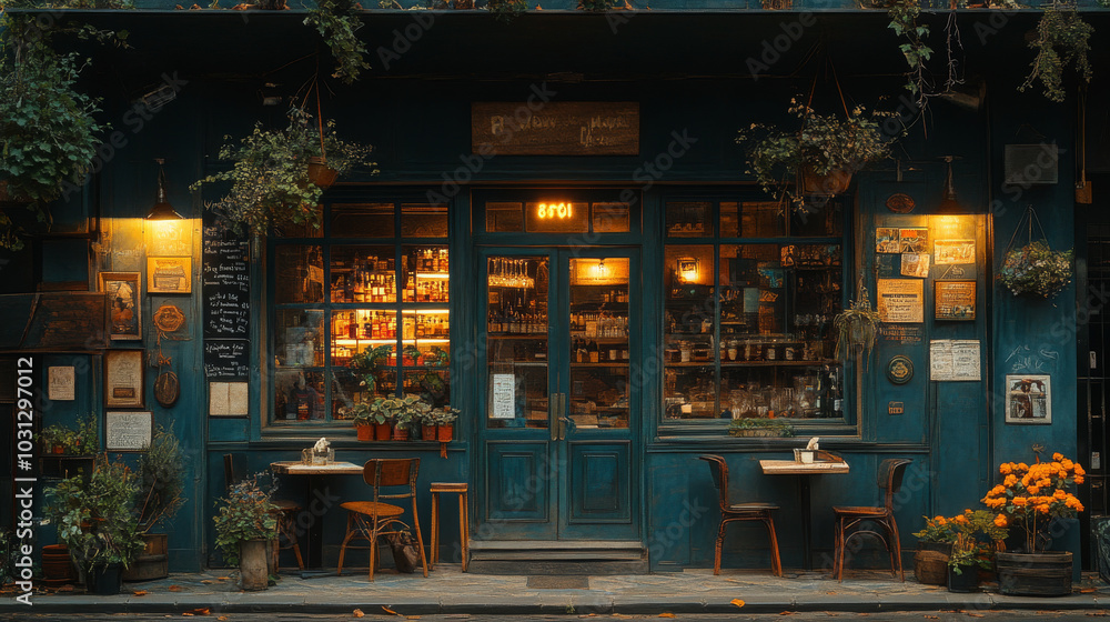 A quaint cafe with teal walls and string lights, inviting guests to relax and enjoy the ambiance. A quaint cafe with teal walls and string lights, inviting guests to relax and enjoy the ambiance.