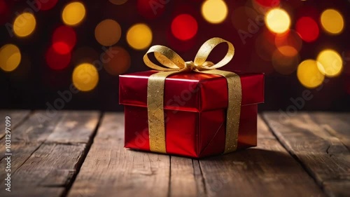 Wallpaper Mural A beautifully wrapped red gift box with a gold ribbon sits on a rustic wooden table, illuminated by sparkling holiday lights in a warm, festive setting, copy space Torontodigital.ca