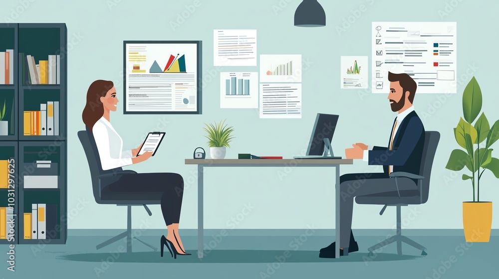A detailed scene of an investigator interviewing a witness or claimant in an office, with documents and charts around A detailed scene of an investigator interviewing a witness or claimant in an office, with documents and charts around
