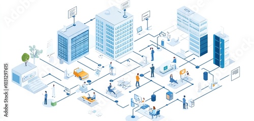 Isometric illustration of a connected city with buildings, people, and vehicles.