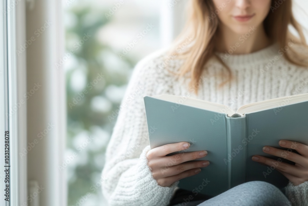 Woman reading a hormone balance guidebook, seated near a window with natural light pouring in Woman reading a hormone balance guidebook, seated near a window with natural light pouring in