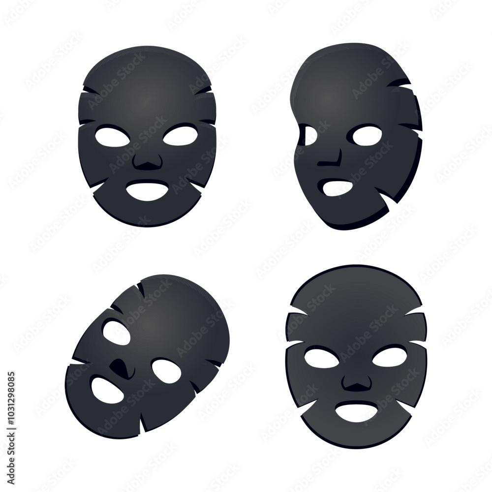 Black facial cosmetic sheet masks showing different sides Black facial cosmetic sheet masks showing different sides