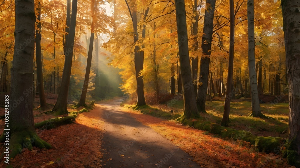 Fototapeta premium Sunlit Path Through Golden Autumn Forest