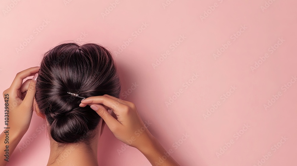 Fototapeta premium Elegant Bun Hairstyle on Soft Pink Background