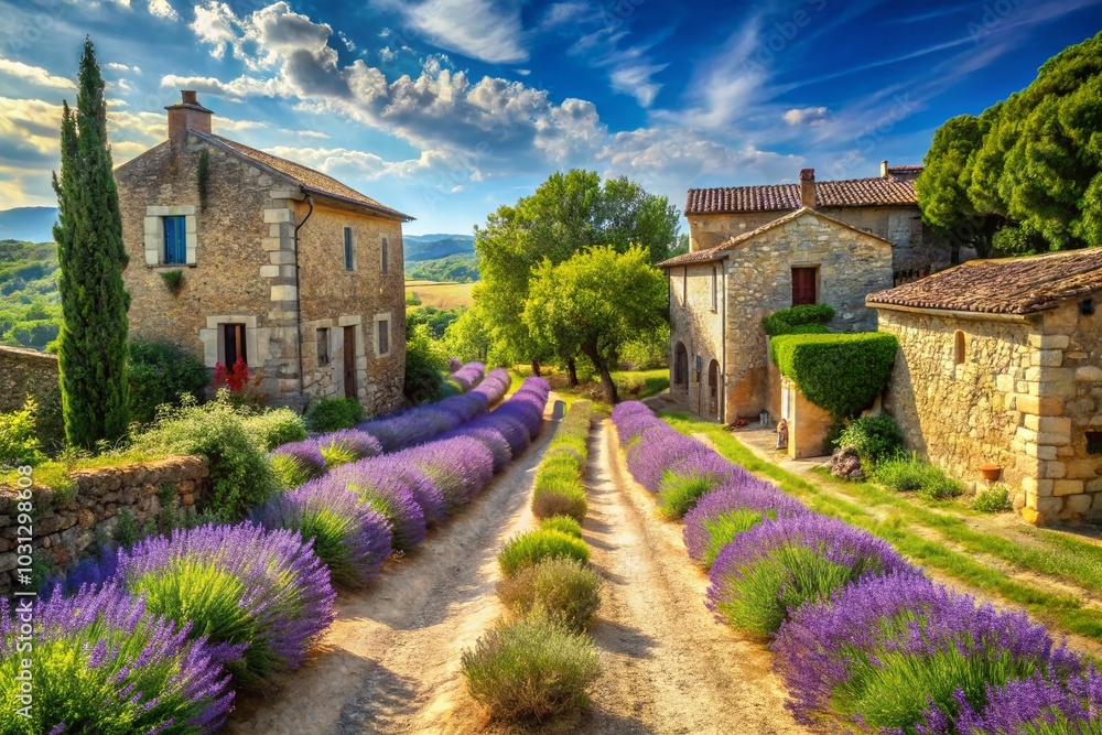 Charming Provence Lane - Hand-Painted Illustration of a Serene French Landscape Charming Provence Lane - Hand-Painted Illustration of a Serene French Landscape